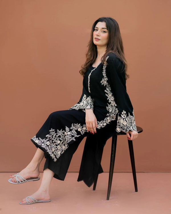 Midnight Muse: Jet Black Embroidered 2-Piece Lawn Suit