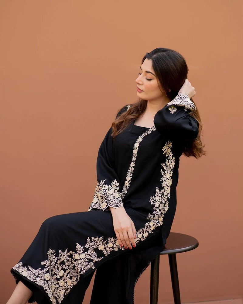 Midnight Muse: Jet Black Embroidered 2-Piece Lawn Suit