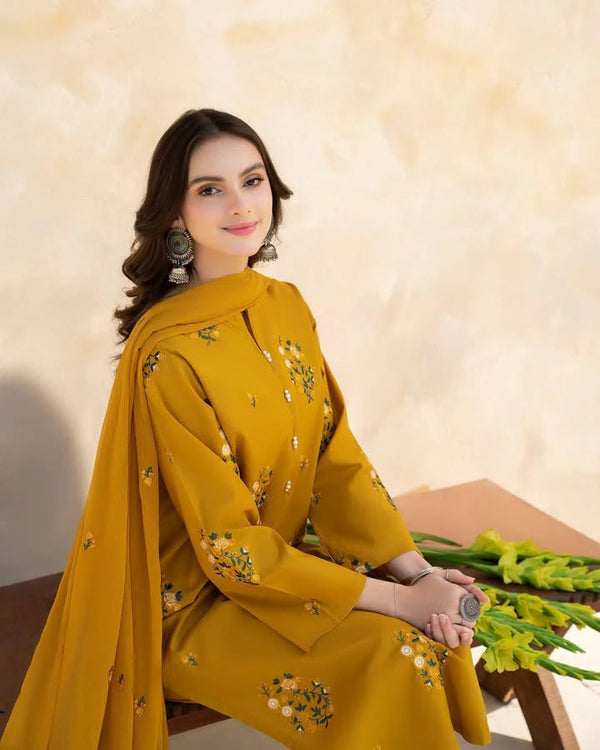 Golden Harvest: Mustard 3-Piece Heavy Embroidered Ensemble