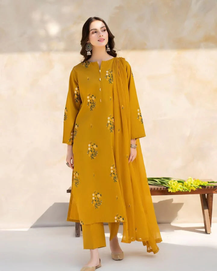 Golden Harvest: Mustard 3-Piece Heavy Embroidered Ensemble